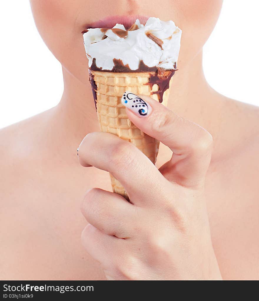 Close up photo of a women with ice cream. Close up photo of a women with ice cream