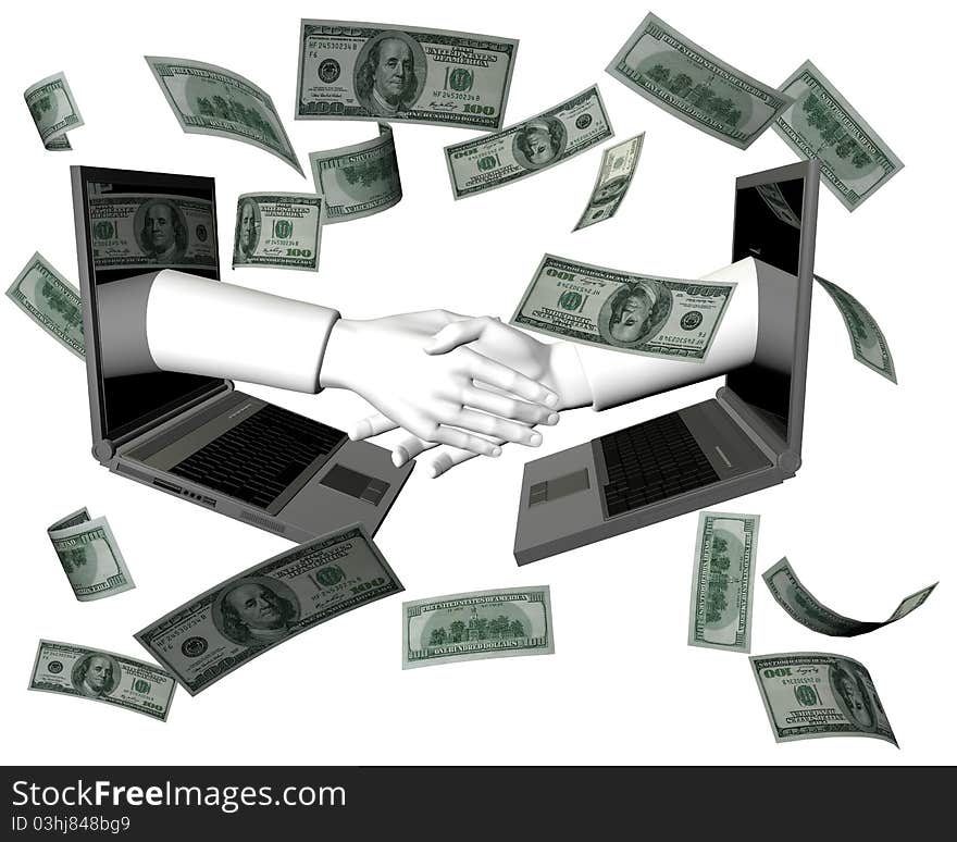 3d Commercial transaction - through the Internet, shaking hands, money falling. 3d Commercial transaction - through the Internet, shaking hands, money falling