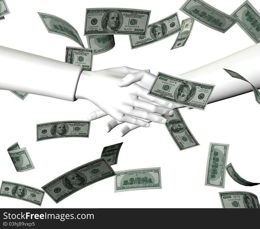 3d Commercial transaction - shaking hands, money falling. 3d Commercial transaction - shaking hands, money falling