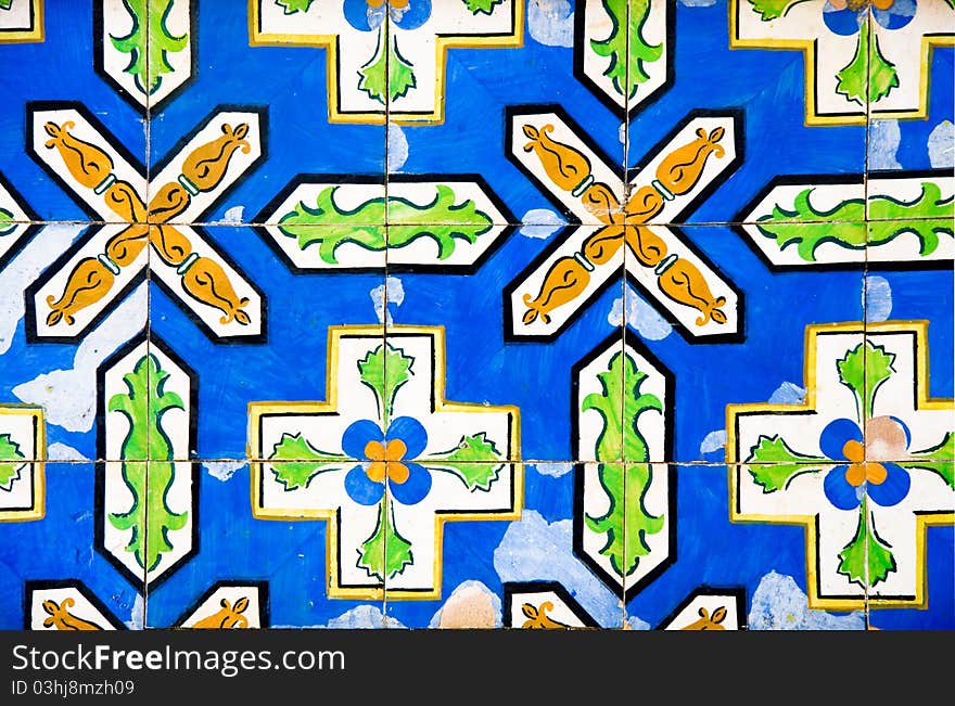 Antique colorful tiles blue green and yellow