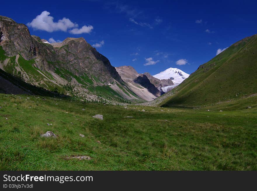 Mountain valley with views of Elbrus.