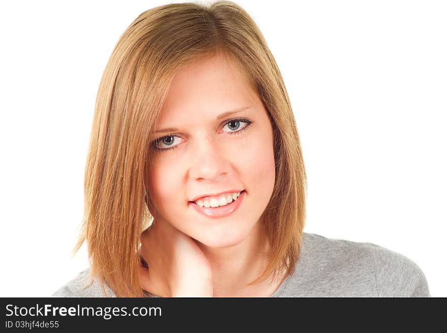 Smiling casual woman on white background. Smiling casual woman on white background