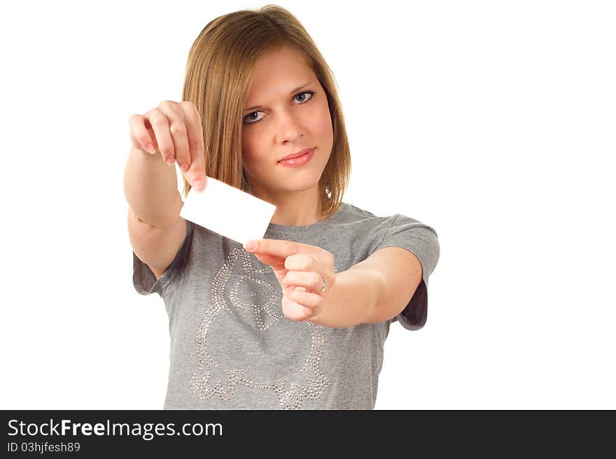 Young woman holding a placard on white background. Young woman holding a placard on white background