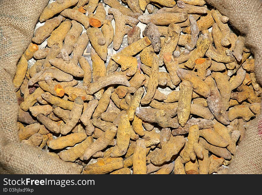 Group of tumeric roots, asian spices