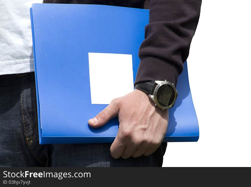 Documents folder in the hand of a man with a clock. Documents folder in the hand of a man with a clock