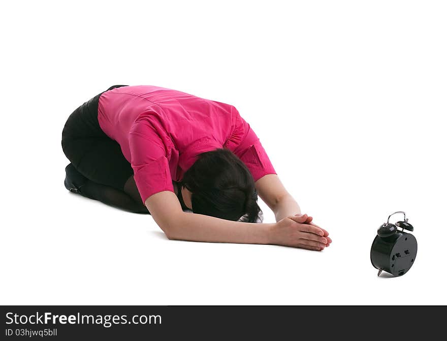 Business woman lay in yoga pray for time isolated