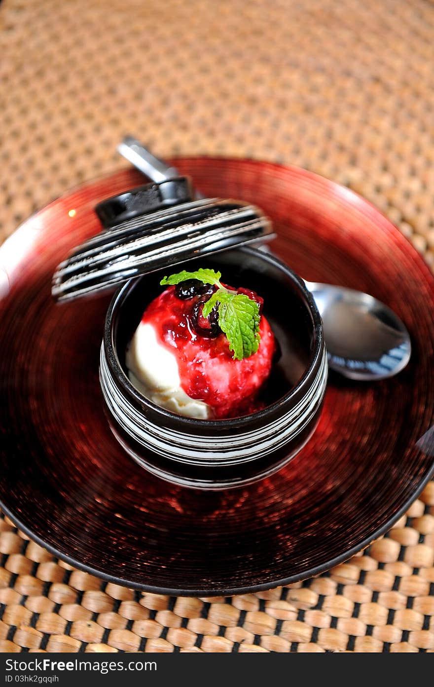 Fresh blue berry ice cream on a plate close up