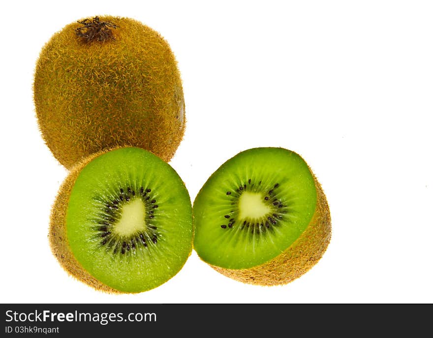 The fruits include kiwi ,in white background