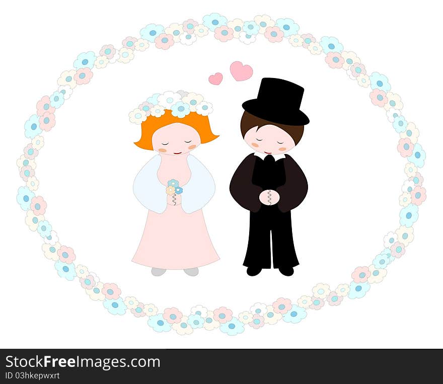 Wedding couple in a flower frame - illustration