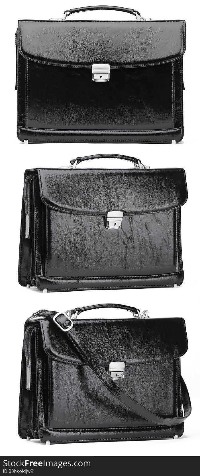 Black leather case with strap three view isolated. Black leather case with strap three view isolated