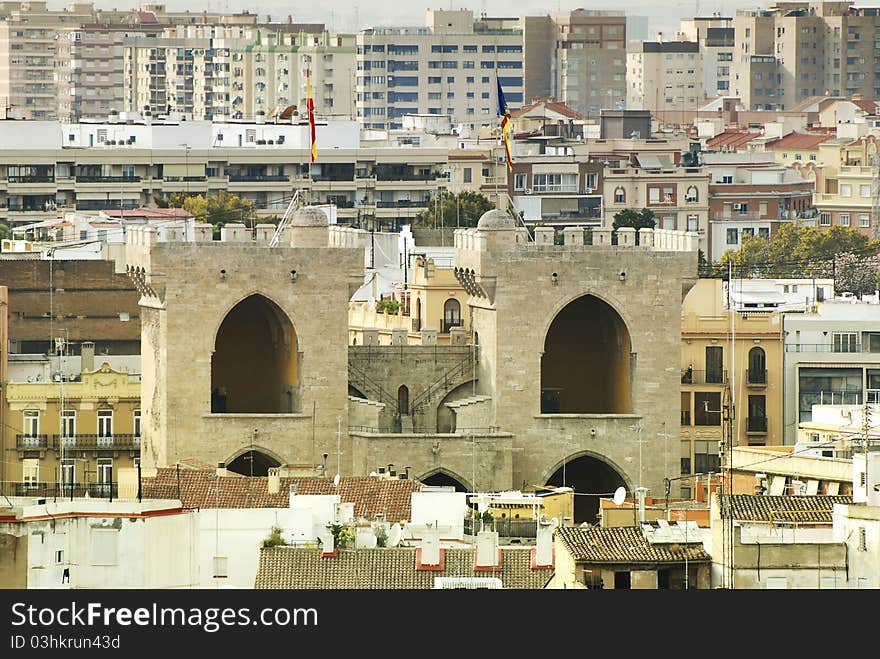 Detail of Torres de Serranos, the monumental gothic city gates of Valencia, Spain. Detail of Torres de Serranos, the monumental gothic city gates of Valencia, Spain.