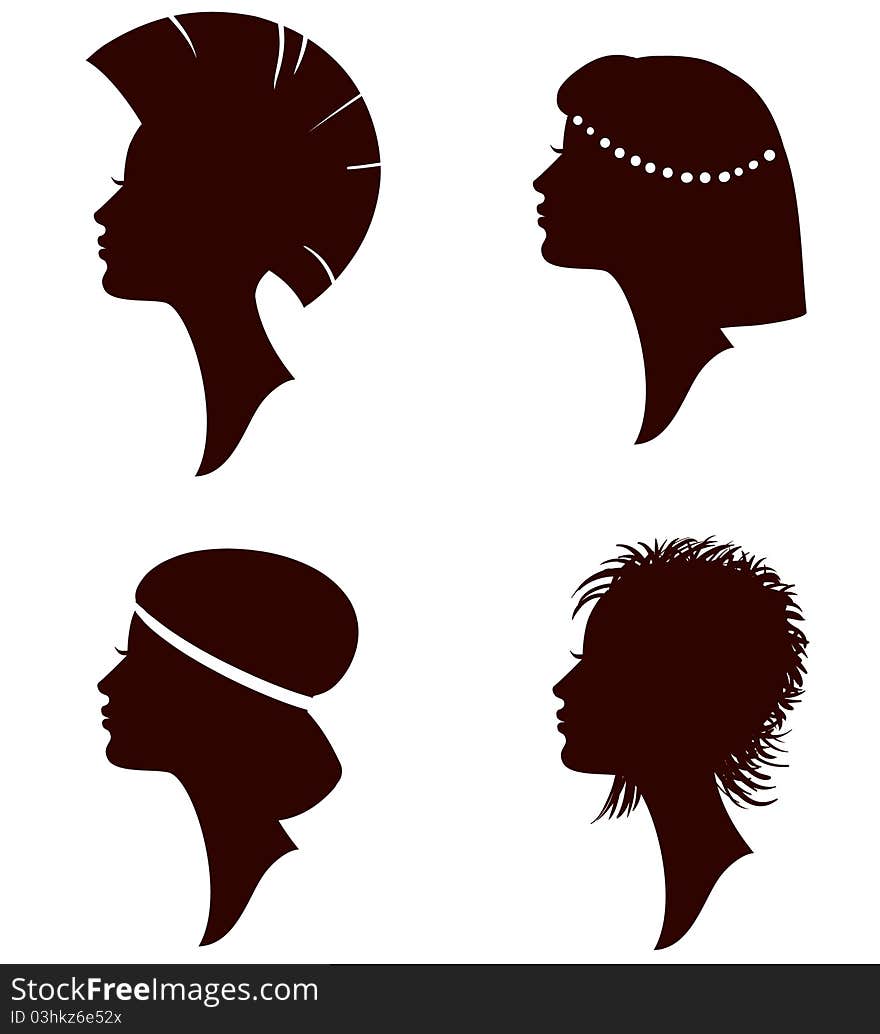 Beautiful women and girl silhouettes with different hairstyle, set