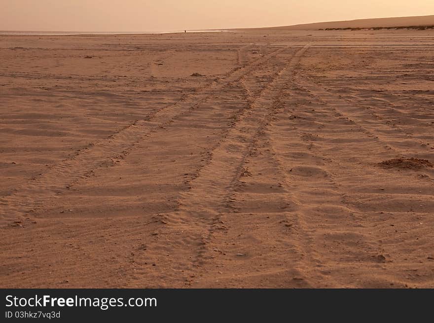 4 x 4 vehicle tracks across the sandy beach on desert island of boa vista in cape verde islands as sunsets. 4 x 4 vehicle tracks across the sandy beach on desert island of boa vista in cape verde islands as sunsets