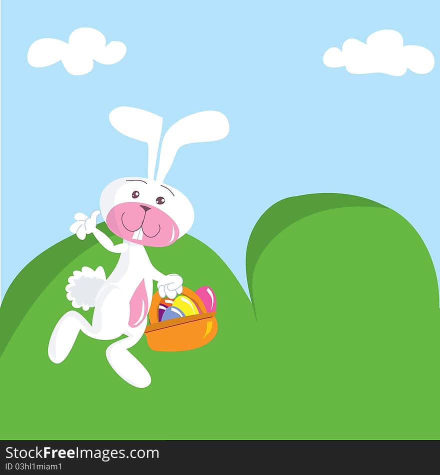 Cartoon Easter bunny with basket. Green hills behind