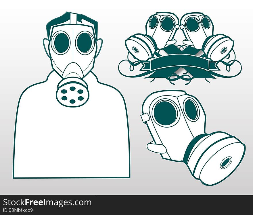 Three green and white vector gas mask images. Three green and white vector gas mask images.