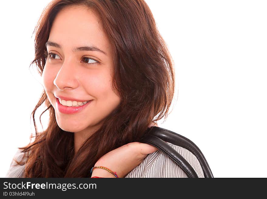 Young woman looking to one side over white background