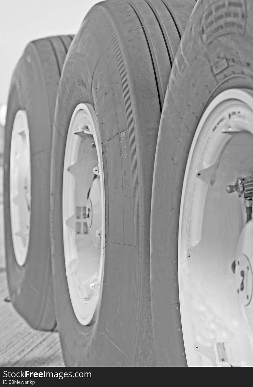 Closeup of tyres of an aircraft