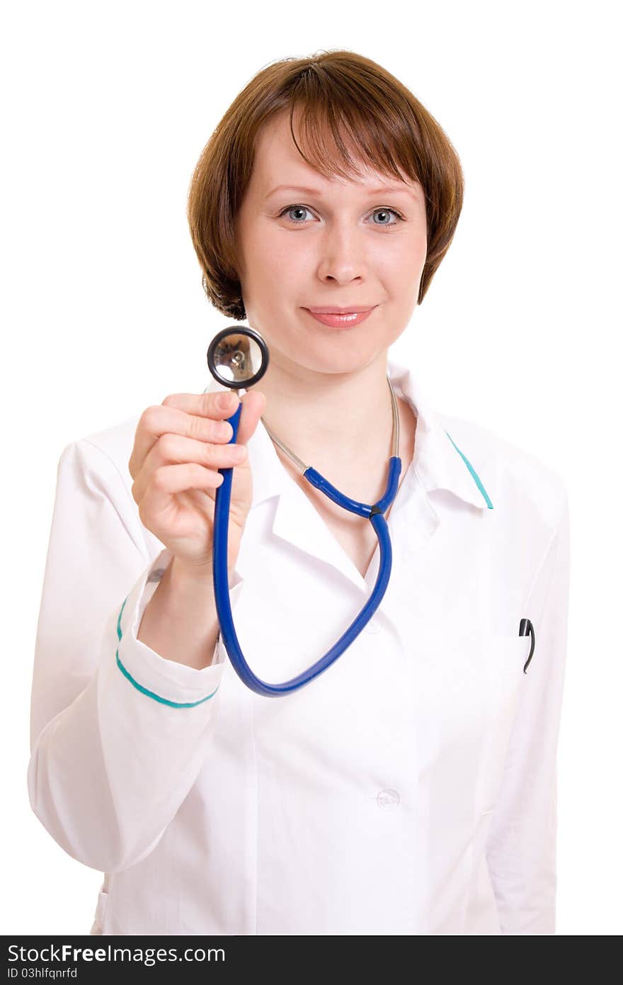 Woman doctor on a white background.