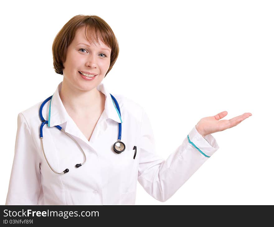 Woman doctor on a white background.