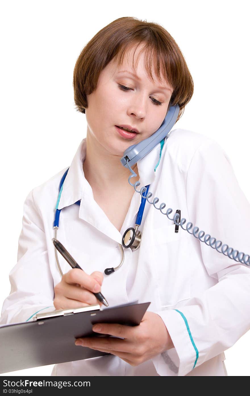 Woman doctor on a white background.