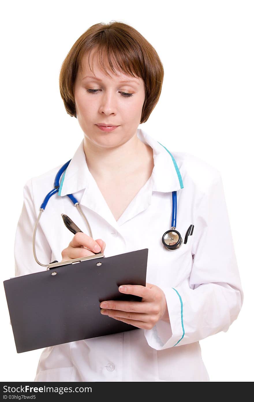 Woman doctor on a white background.