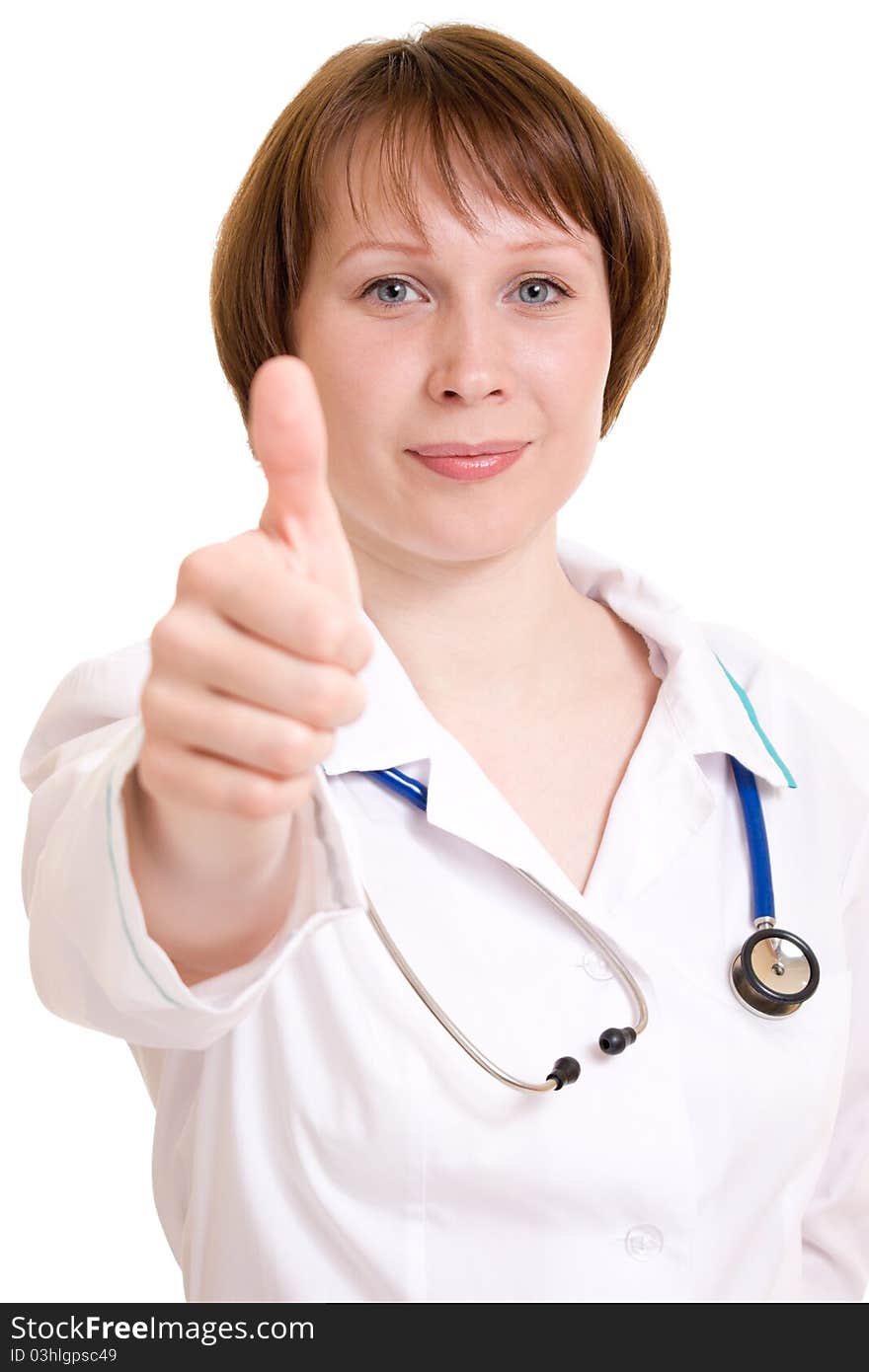 Woman doctor on a white background.