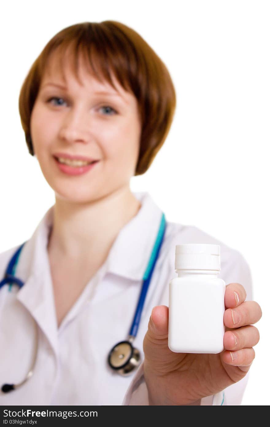 Woman doctor on a white background.