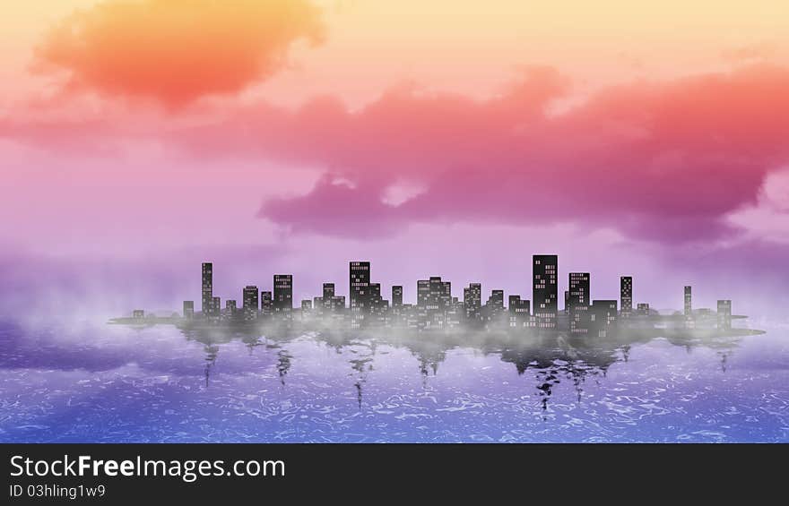 Colorful city skyline silhouette background