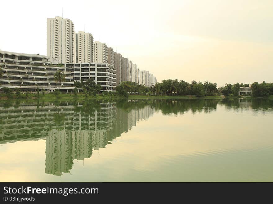 Reflection Of Row Of Buildings On The Water