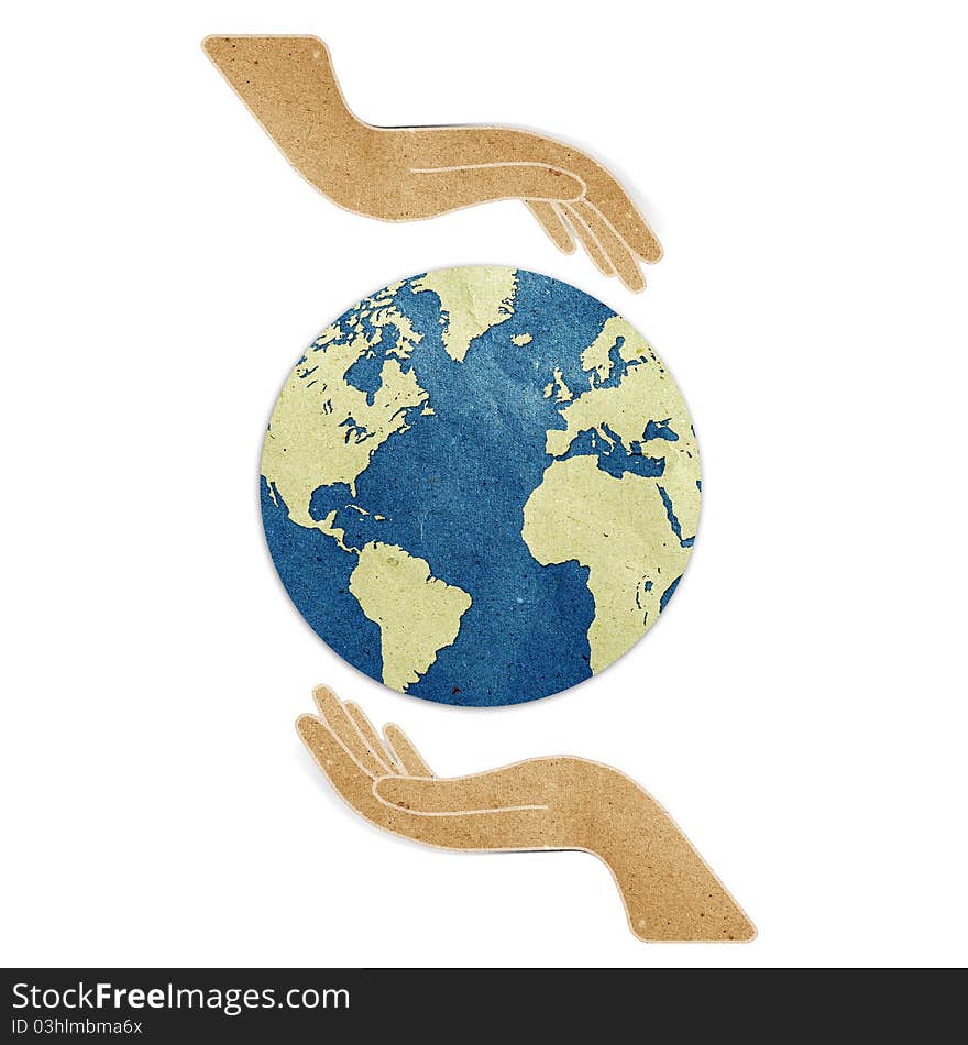 Earth in hands recycled paper craft stick on white background .Data source: NASA