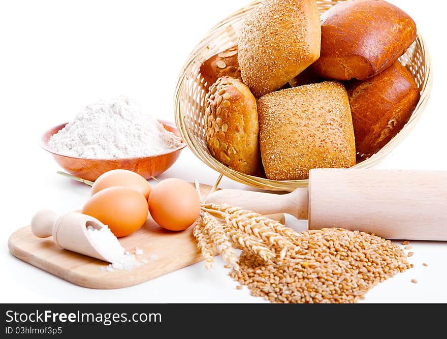 Ingredients for homemade bread,  isolated on a white background