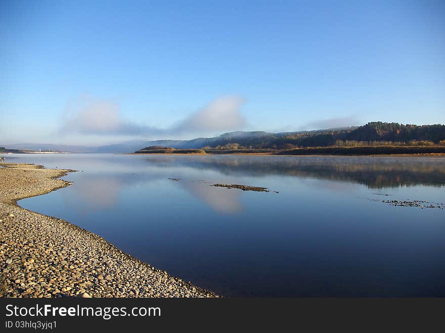 Border river between China and Russia, peace in morning