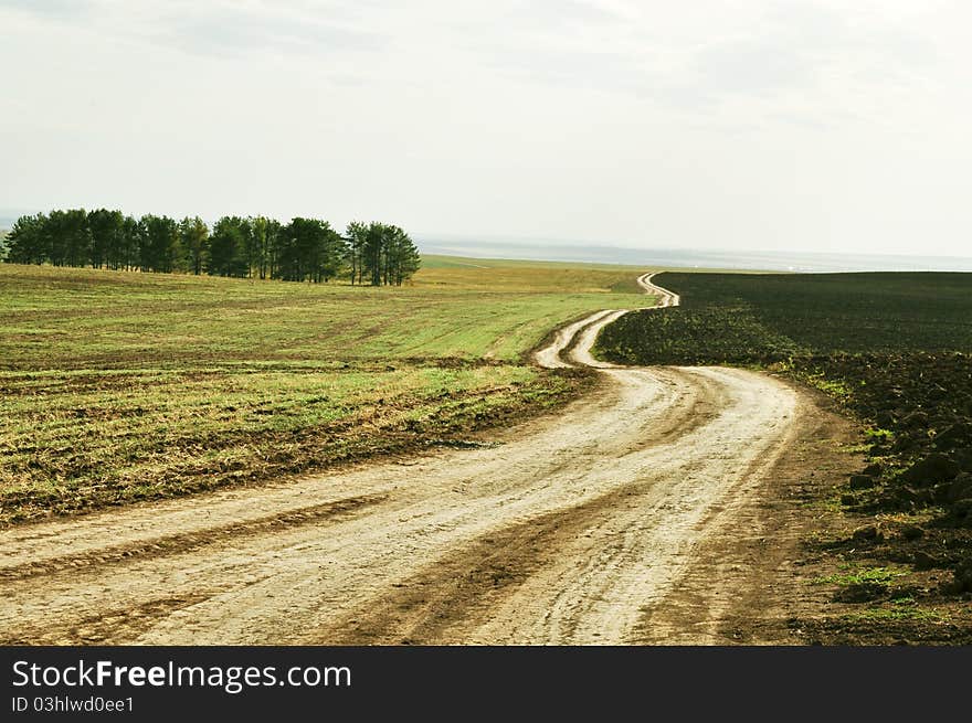 Landscaping, country way, arable land and bright trees in the distance, bend, intertwining. Landscaping, country way, arable land and bright trees in the distance, bend, intertwining