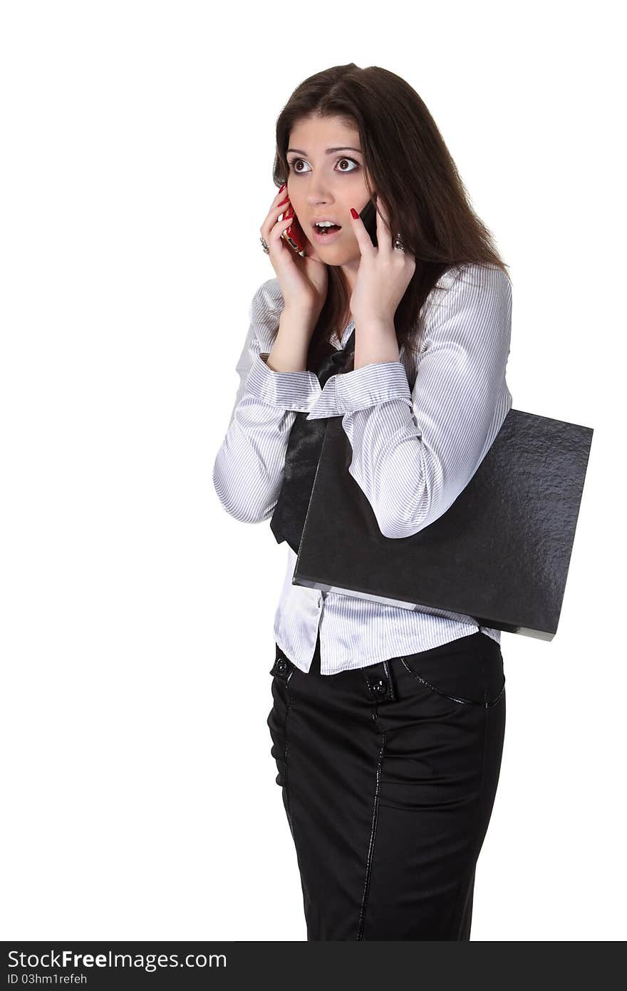 Businesswoman speak two phones