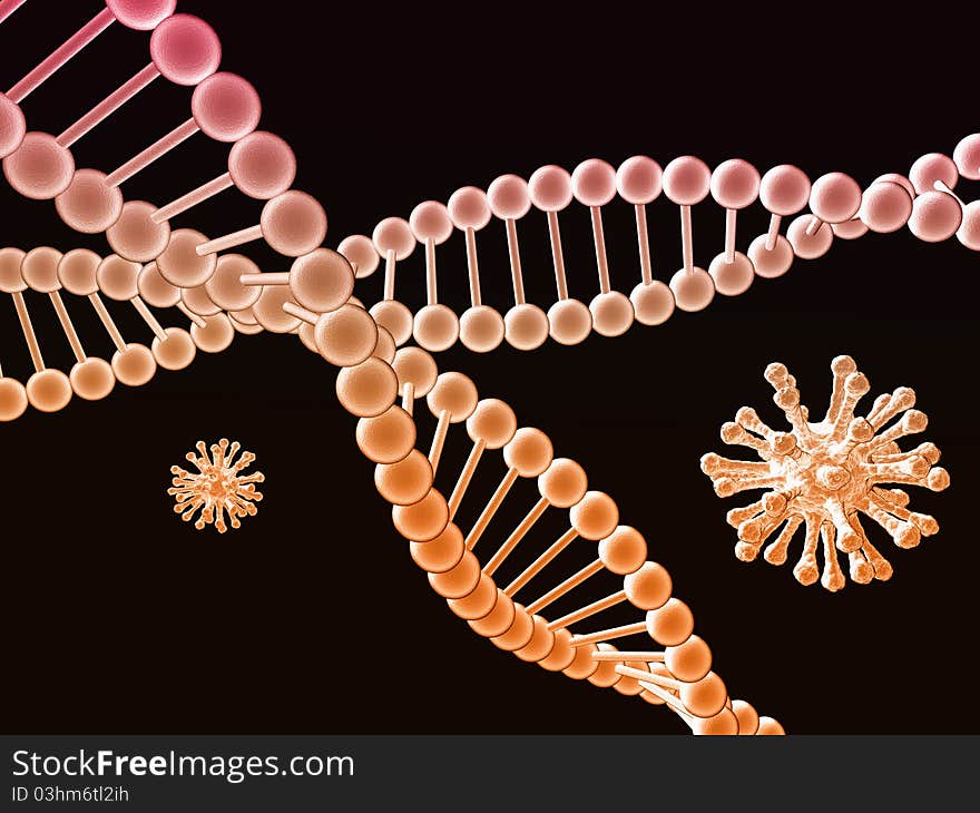 Two DNA chains and viruses on black background