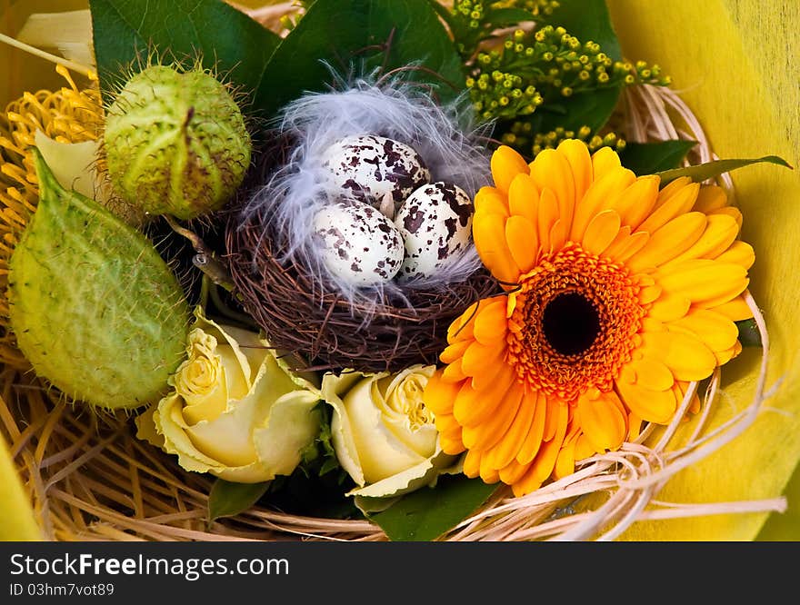 Colorful easter eggs and beautiful flowers (easter composition) . Colorful easter eggs and beautiful flowers (easter composition) .