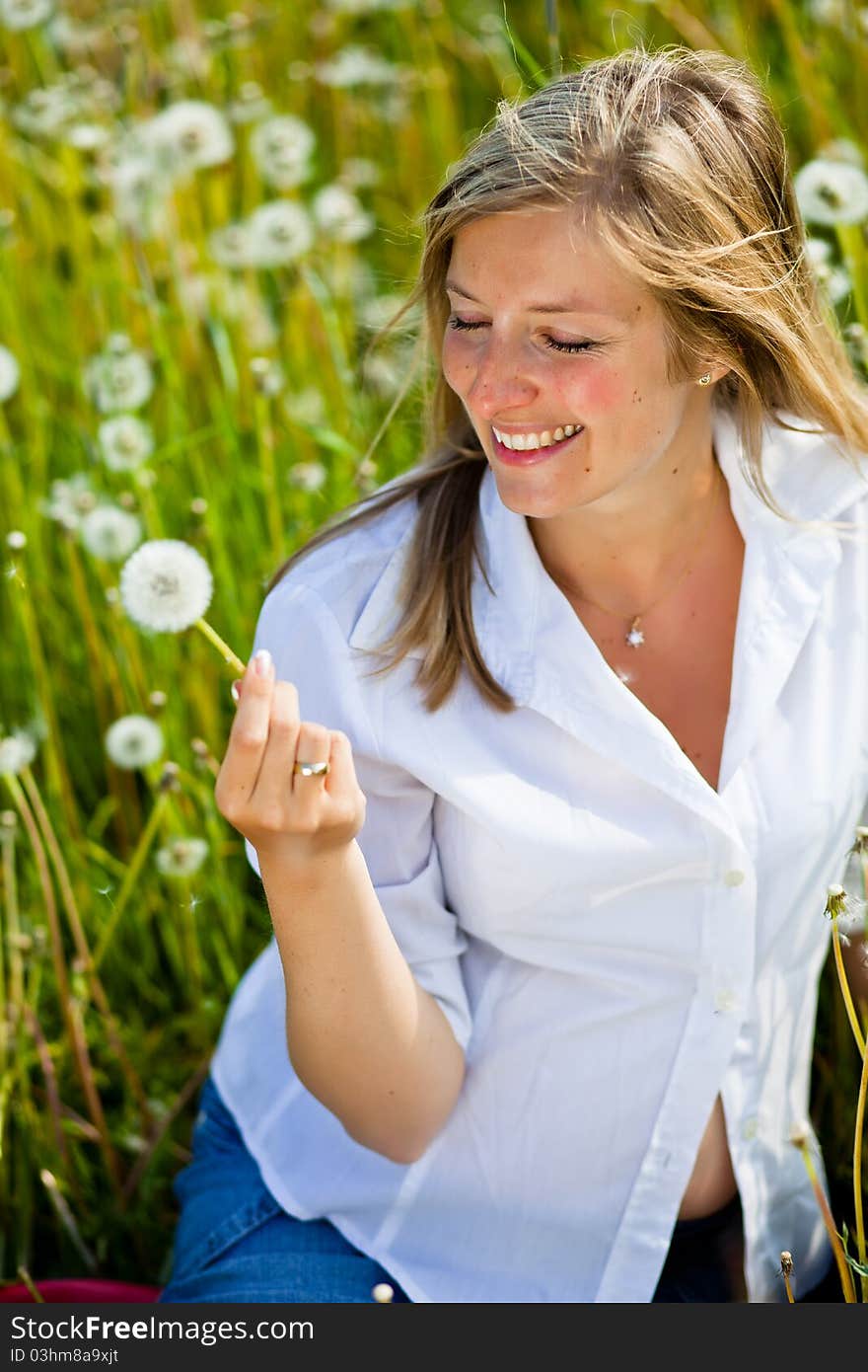 Caucasian woman in spring field. Caucasian woman in spring field