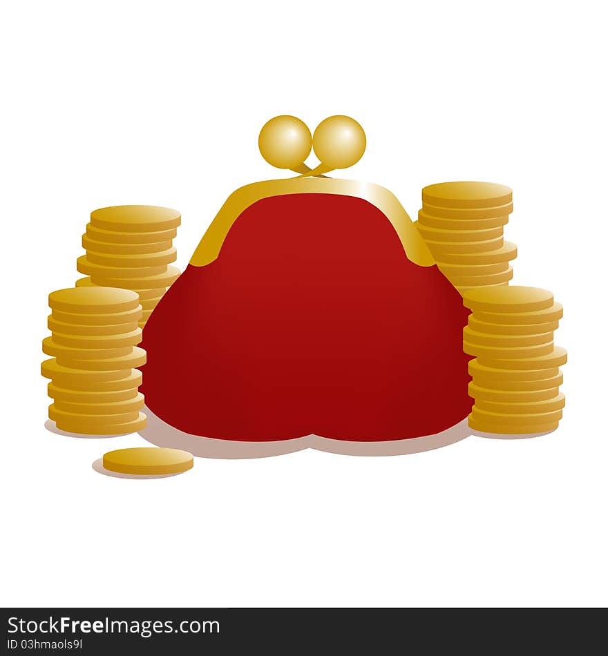 Red purse with coins on white background