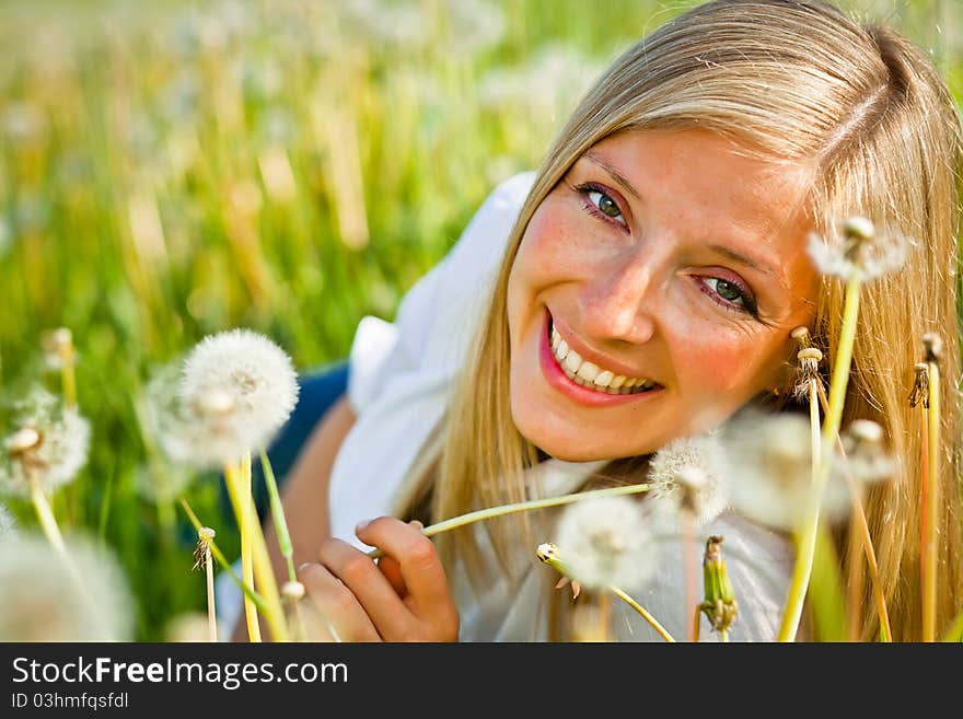 Woman Outdoor With Dandelion