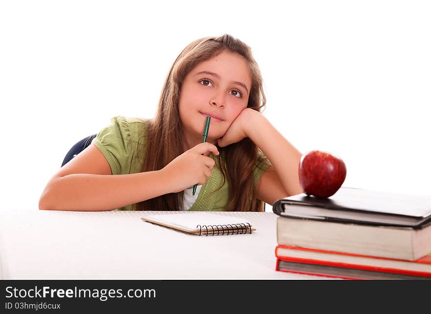 Girl thinking over white background. young woman