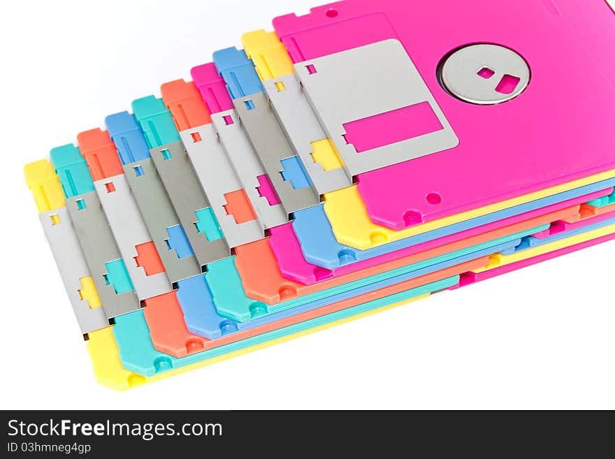 Obsolete colorful diskette technology being fade used. Obsolete colorful diskette technology being fade used