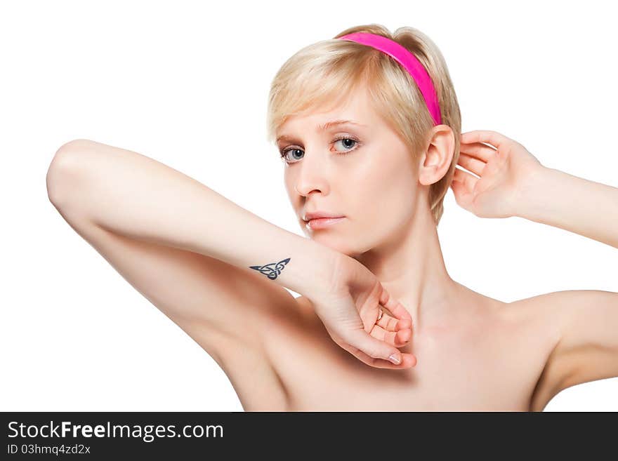 Portrait of a beautiful female model on white background