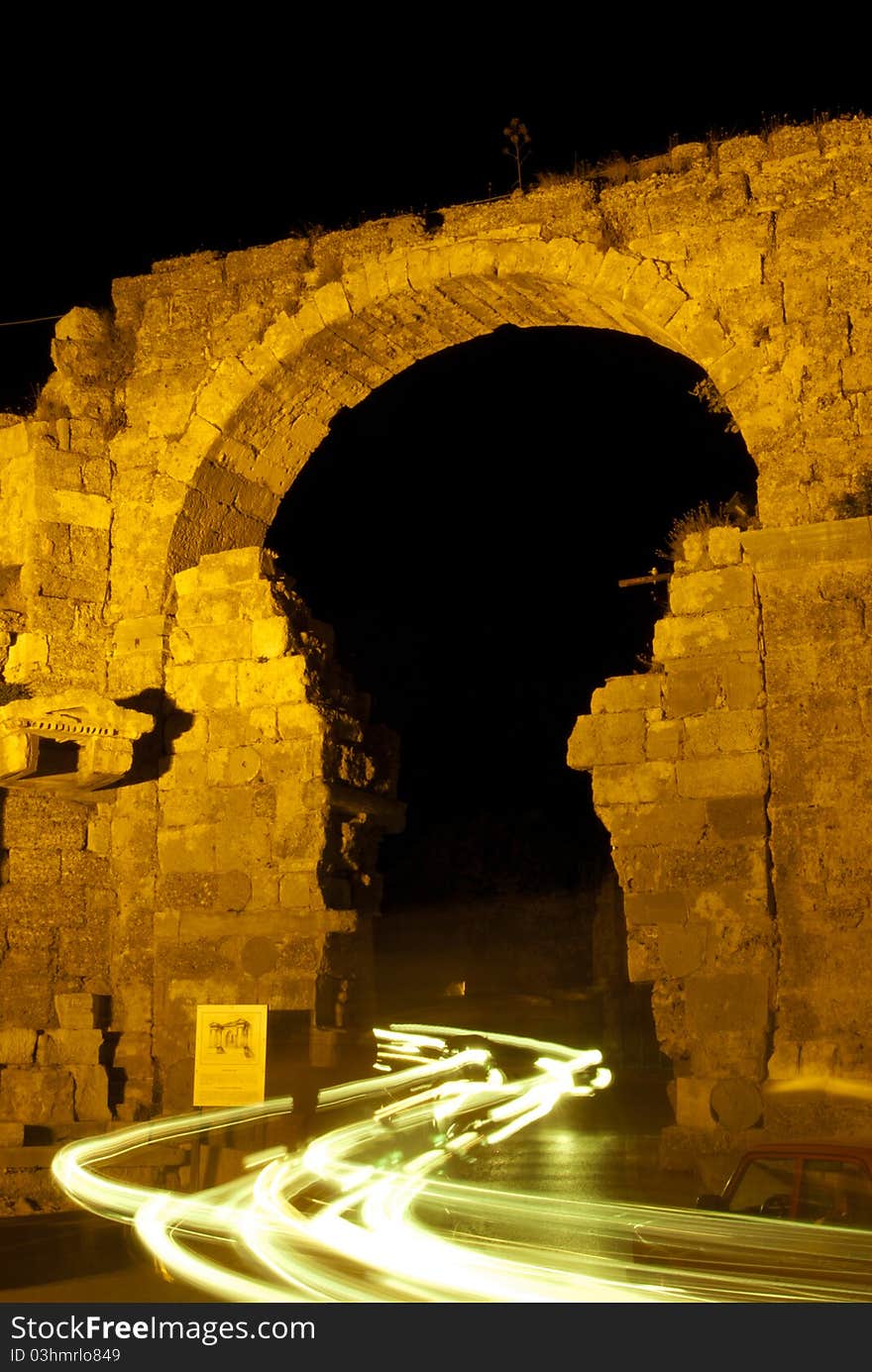 Night shot of the gate to Temple of Apollo: Side, Turkey