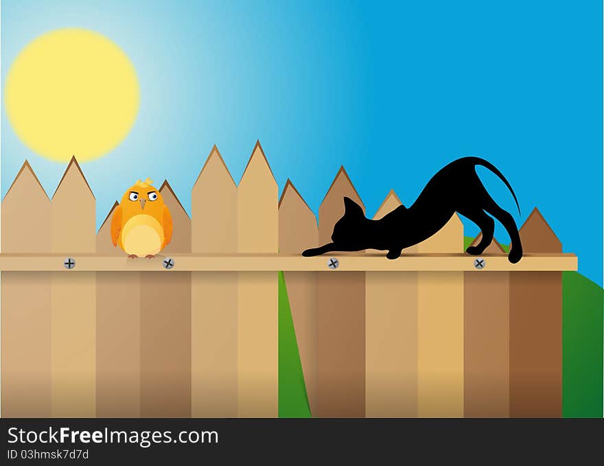 Bright illustration of the creeping cat and a yellow bird. Bright illustration of the creeping cat and a yellow bird