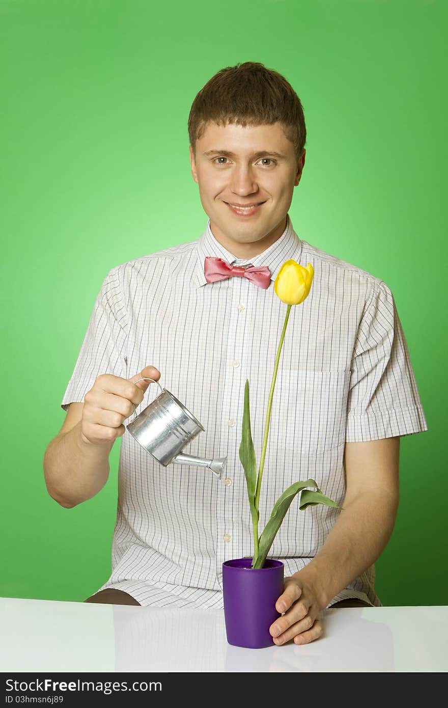 Parody lover man nerd watering tulip