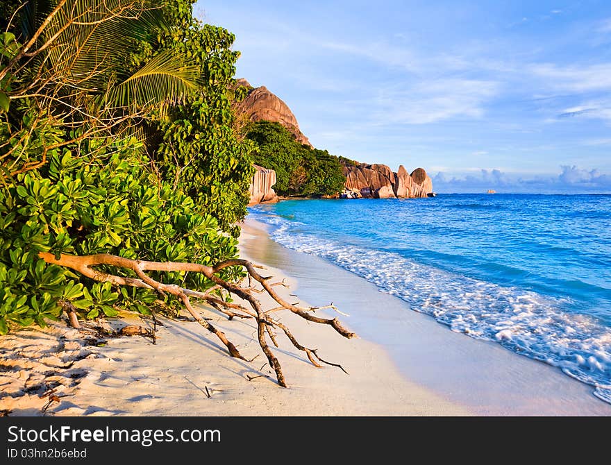 Tropical beach Source D'Argent at Seychelles - vacation background