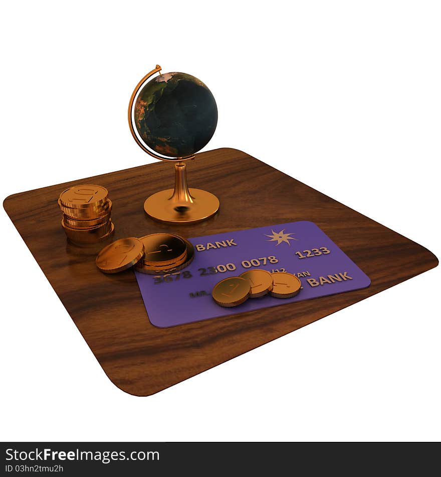 Golden glob, creadit card and coins on table. Golden glob, creadit card and coins on table