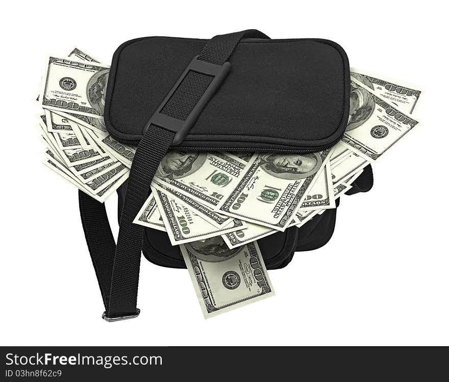 Black bag full of money. Isolated on white background