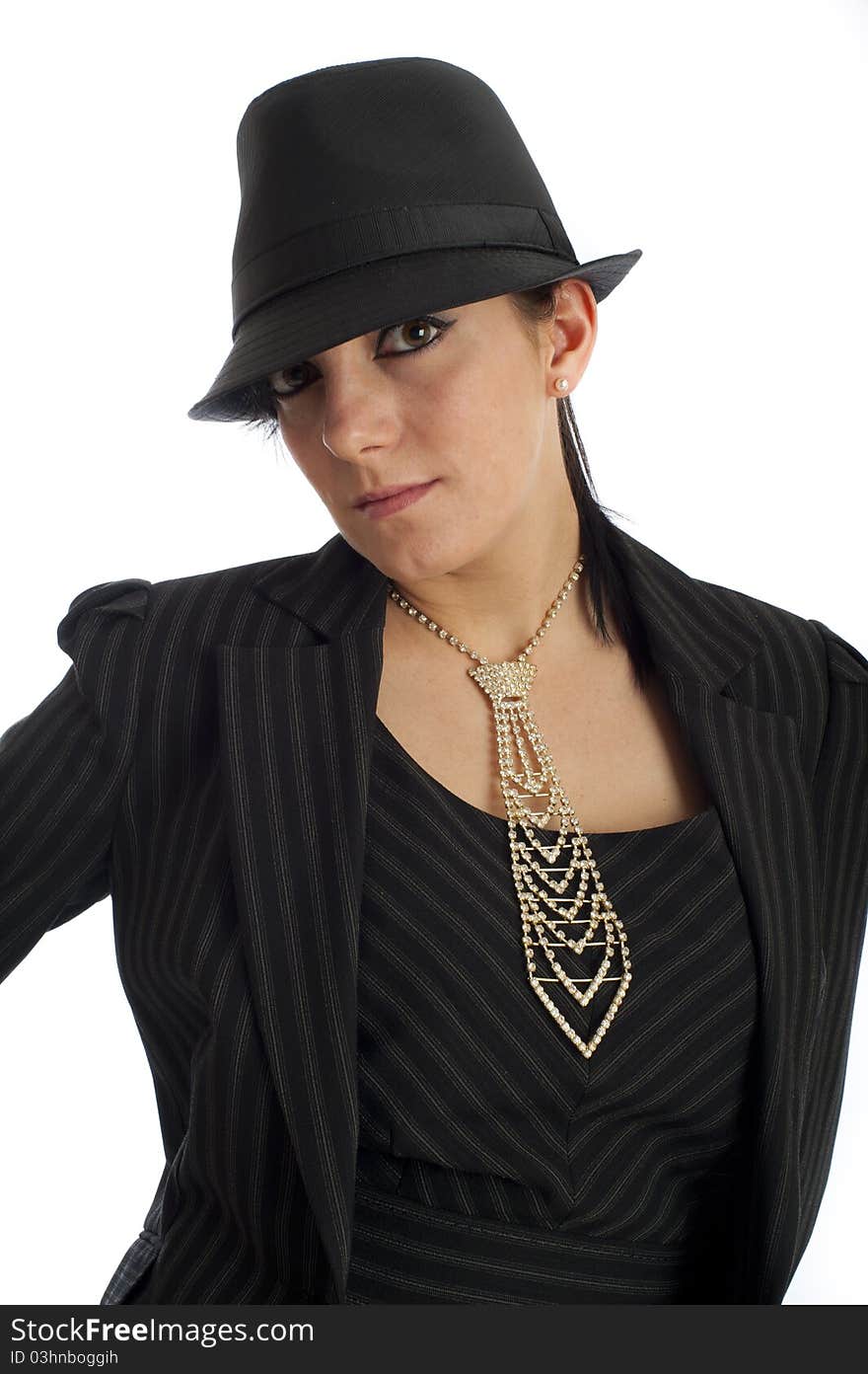 Image showing young business woman isolated against white wearing hat