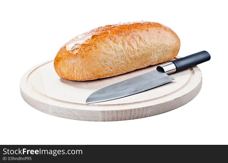 Bread on cutting board isolated on white